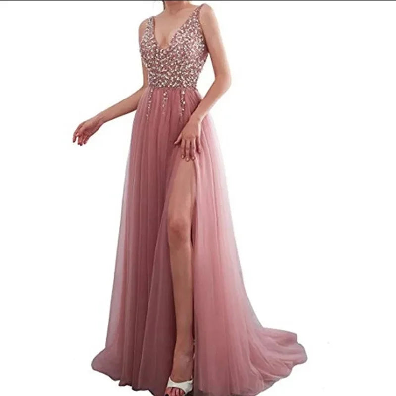 In The Summer of 2024 New Women's Fashion Elegant Pink Embroidery Bead Piece Dress Sexy Deep V Party Evening Dress